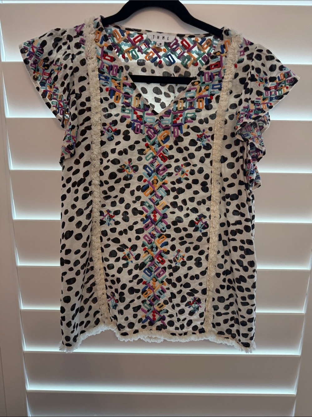 THML White Dalmatian Print Embroidered Flutter Sleeve Top